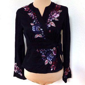 French Connection Black Floral Embroidered Wrap Top